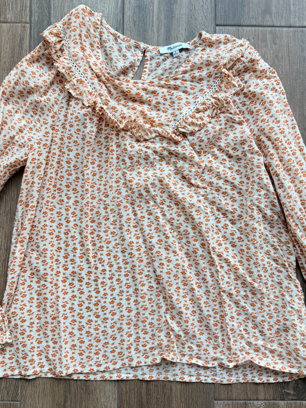 Madewell Cream Floral Ruffle-Neck Long Sleeve Blouse